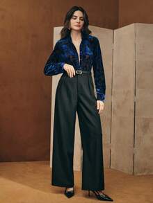 Anewsta 女士柔软丝绒烧花宽松休闲藏蓝色衬衫（亲肤柔软） - 藍色 - 查看 6