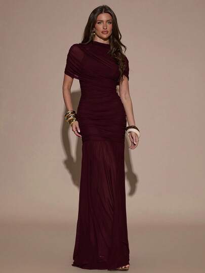 SHEIN BAE Elegant Ruched Skirt Bodycon Dress, Suitable For Cocktail Party, Romantic Date, Autumn/Winter Layering, Party, Formal Gathering, Halloween, Christmas