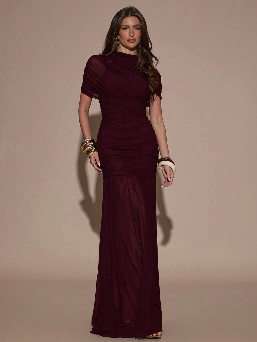 SHEIN BAE Elegant Ruched Skirt Bodycon Dress, Suitable For Cocktail Party, Romantic Date, Autumn/Winter Layering, Party, Formal Gathering, Halloween, Christmas - Maroon - View 1