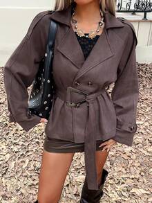 Siren Gaze 女士棕色麂皮短款风衣外套，配腰带、翻领和系带，复古时尚外套，秋冬街头风 - 咖啡棕 - 查看 7