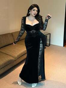 Flirla 大码女士优雅性感丝绒镂空蕾丝高开衩鱼尾长裙，秋冬款 - 黑色 - 查看 7