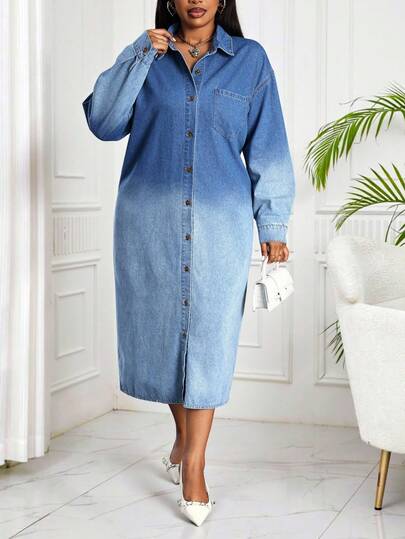 SHEIN Lady Vestido de mezclilla con botones delanteros y efecto ombré para tallas grandes