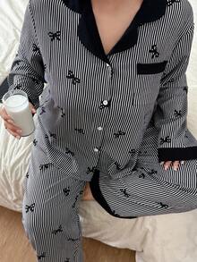 SHEIN 加大码撞色领荷叶边蝴蝶结条纹长袖睡衣套装 - 黑色 - 查看 4