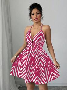 Elenzga 女士波西米亚风印花吊带露背休闲度假吊带裙 - 玫紅色 - 查看 3