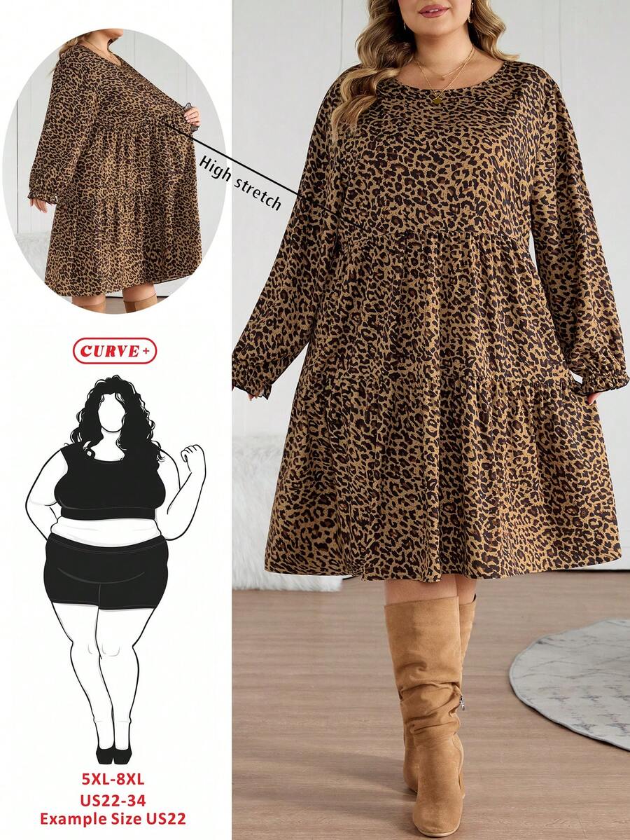 SHEIN CURVE+ Vestido de manga farol con estampado de leopardo de talla grande, vestido de leopardo de talla grande/2026/Año Nuevo - Marrón - Ver 1
