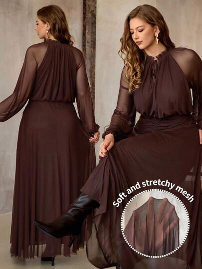 Roveilla Vestido maxi de mujer talla grande de unicolor, de tela elástica de malla, con cuello alto, escote en V, lazo, mangas raglán, plisado y corte evasé, color marrón chocolate, elegante estilo retro francés minimalista y versátil, adecuado para invierno, Halloween, Navidad, Acción de Gracias, fiestas de tarde, ocasiones formales