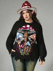 ROMWE Fairycore Plus Size Mushroom Pattern Jacquard Distressed Hem Loose Pullover Sweater For Plus Size Women - Black - View 1
