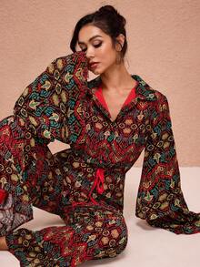 JIAN LASALA 印花雪纺连体裤，翻领多层荷叶边袖，系带腰身，纽扣开襟阔腿设计，波西米亚风连体裤，适合女士沙滩婚礼宾客穿着 - 彩色 - 查看 7