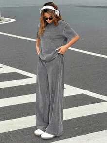 Muchica Casual Round Neck Short Sleeve Straight Leg Pants Set, Distressed Washed Relaxed Fit, Autumn/Winter