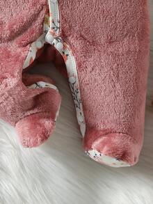 Barboteuse à manches longues et pieds pour bébé fille nouveau-né, en flanelle double face rose pastèque avec petites fleurs, douce et confortable - Rose orangé - Voir 6