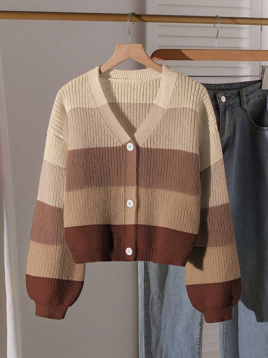 Sparklyn 少女彩虹色拼接休闲时尚修身针织开衫毛衣，秋冬季 - 彩色 - 查看 1