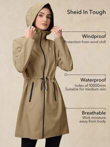 OutZeal Women Water-Resistant 3-Layer Tech Fabric Drawstring Waist Hood Long Outdoor Shell Jacket Winter Fall Camping Hiking - Khaki - View 2