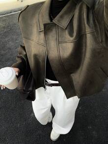 Dazy Plus Plus Size Women Solid Color Suede Fleece Turndown Collar Zip-Up Fitted Short Jacket, Autumn/Winter Women Coats - Army Green - View 6