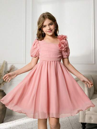 女童圆领泡泡袖碎花腰身圣诞派对连衣裙