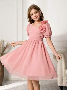 女童圆领泡泡袖碎花腰身圣诞派对连衣裙 - 粉色 - 查看 6