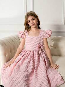 Tween Girls' Textured Pink Square Neck Dress - Pink - View 7