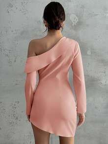 Firerie Vestido Curto de Manga Longa com Bainha Assimétrica Plissada Elegante Feminino, Estilo Chique Urbano para Ir e Vir e Encontros, Outono/Inverno - Rosa empoeirado - Visão 5