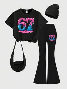 Cozy Fall Styles 2pcs/Set Tween Girl Casual Fashion Creative Personalized Fresh Chic Minimalist Numeric 67 Colorful Candy Dot Print Relaxed T-Shirt And Flared Pants Comfortable Outfit Bell Bottoms Girl 2 Piece Set Bell Bottom Outfits Girls Tween Girl Clothes Y2k Graphic - Black - View 2