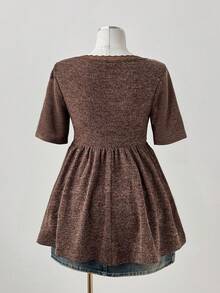 Sunspun Áo len cổ thuyền tay ngắn co giãn cao, cài nút peplum lông nhân tạo thường ngày cỡ lớn cho nữ, màu nâu cà phê, phong cách cổ điển thanh lịch cho các buổi hẹn hò và tụ tập - màu nâu - Xem 2