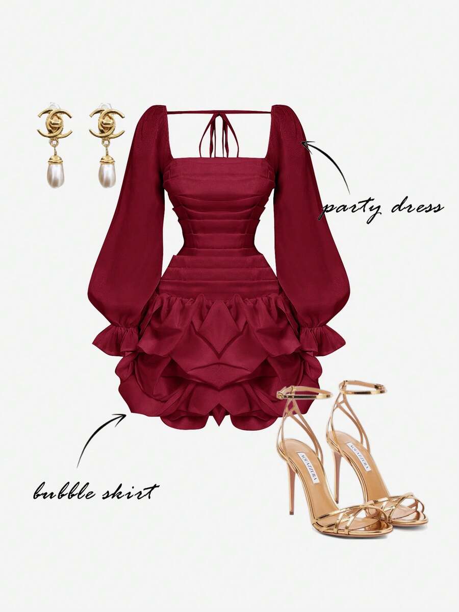 SHEIN MOD 女士杏色修身褶皱泡泡下摆欧根纱迷你连衣裙，情人节，女士夏季连衣裙，白色毕业礼服 - 紅色 - 查看 1