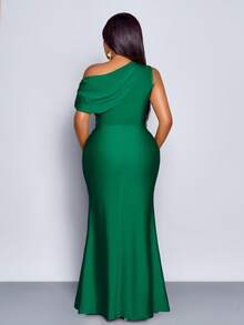 SOLERSUN 夏季女士加大码婚礼派对优雅杏色针织亮面面料不对称露肩无袖拼接收腰修身鱼尾长裙，连衣裙，优雅女士连衣裙，派对礼服，正式礼服，白色连衣裙，奢华晚礼服，婚礼宾客礼服，绿色 - 墨綠色 - 查看 3