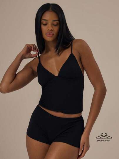 MUSERA ESSENTIALS Pointelle Triangle Adjustable Strap Cami Top With Picot Trim Fitted Boy Shorts Two Piece Set Fall Autumn Winter  Cosy Lounge Underwear Lingerie Everyday Basics Essential Valentines Spring Summer