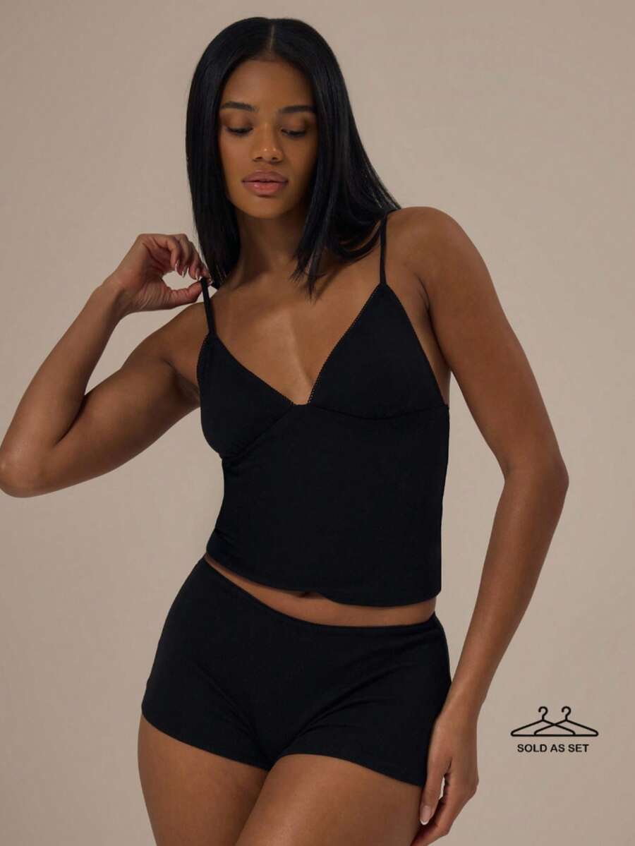 MUSERA ESSENTIALS Pointelle Triangle Adjustable Strap Cami Top With Picot Trim Fitted Boy Shorts Two Piece Set Fall Autumn Winter  Cosy Lounge Underwear Lingerie Everyday Basics Essential Valentines Spring Summer - Black - View 1