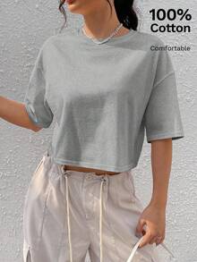 Comfortcana Light Gray Solid Color Dropped Shoulder Casual Plus Size T-Shirt - Light Grey - View 7