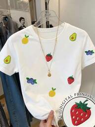 Resyla Camiseta de mujer de manga corta con cuello redondo, estampado de bordado de frutas, versátil para el uso diario