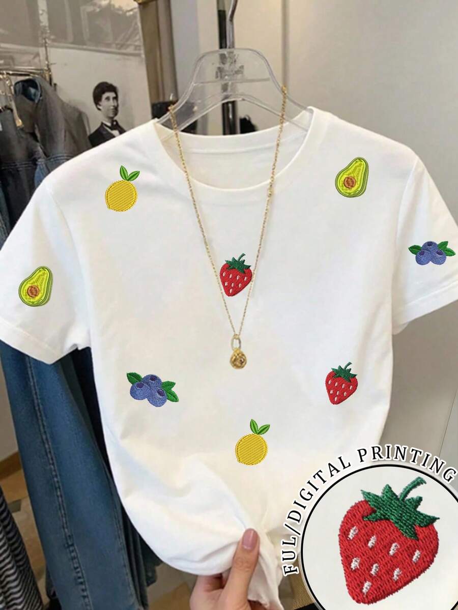 SHEIN 女款休閒可愛水果刺繡圖案圓領短袖T恤,百搭日常通勤早午餐,白色夏季款 - 彩色 - 查看 1