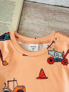 4 buc/set pijamale pentru băieți, model de mașină cu desene animate, tricotate, casual, cu guler rotund, tricou și colanți