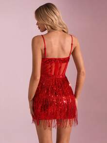 SHEIN Glamour Váy ngắn dự tiệc đính tua rua sequin và vải lưới kết hợp sequin, khóa kéo phía sau, sang trọng, quyến rũ, lấp lánh gợi cảm - Đỏ - Xem 7