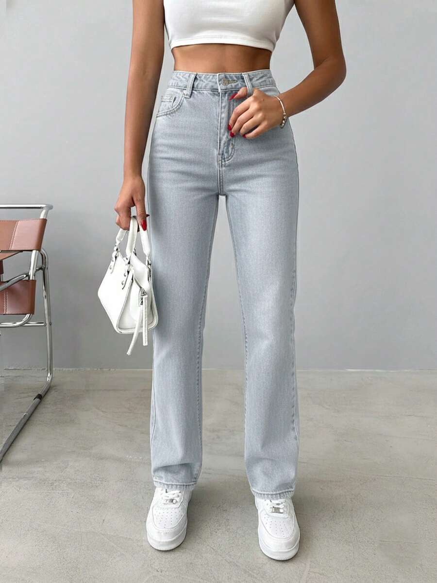 100% Cotton Solid Color Slant Pocket Cotton Solid Straight Leg Jeans - Light Wash - View 1