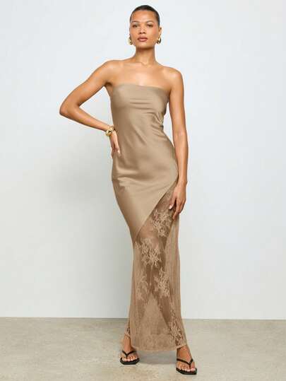 AiiRZ Strapless Maxi Dress With Lace Insert Panel Long Elegant Evening  Formal Gown Bodycon Fitted Silhouette Special Occasion Party Wear Wedding  Guest PromMISSGUIDED