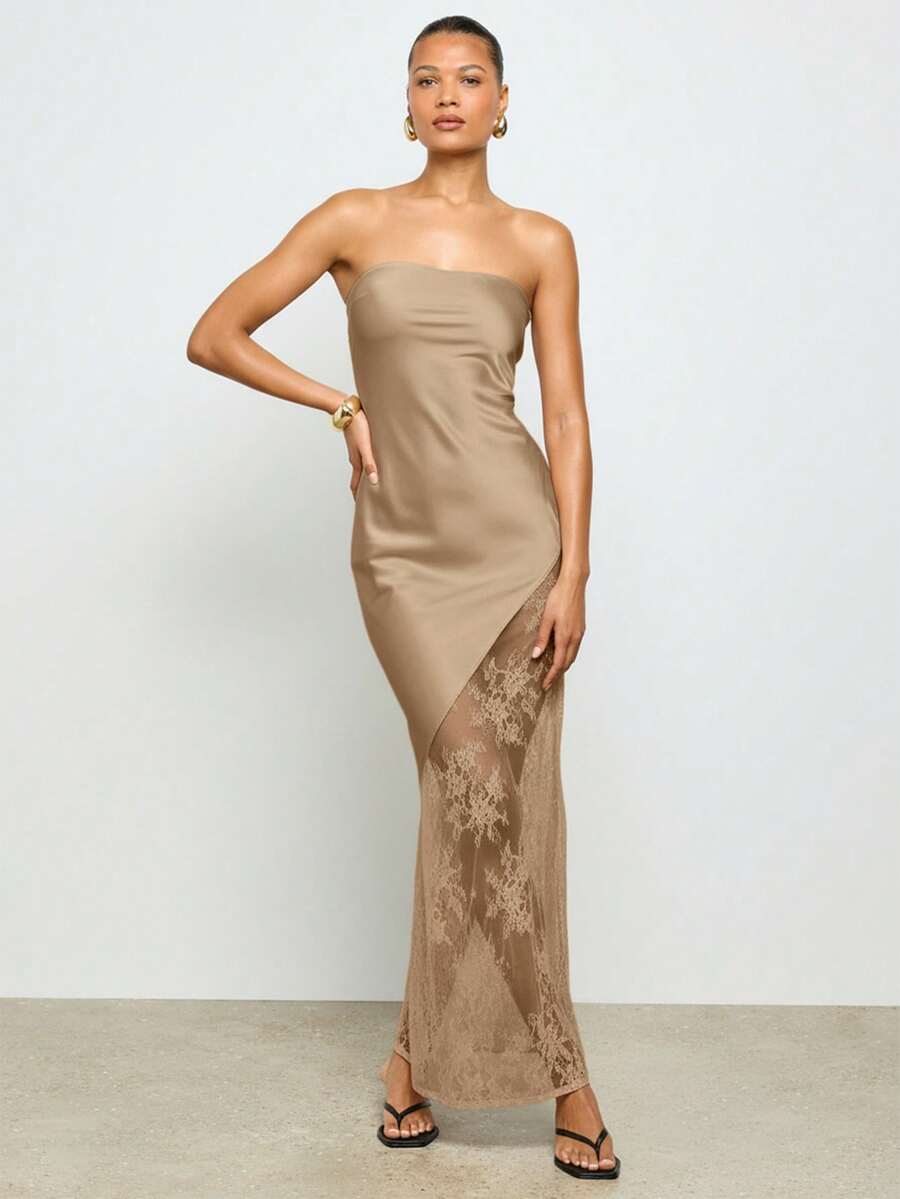 AiiRZ Strapless Maxi Dress With Lace Insert Panel Long Elegant Evening Formal Gown Bodycon Fitted Silhouette Special Occasion Party Wear - Champagne - View 1