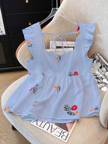 GlowEve CURVE Áo sơ mi nữ cổ vuông in hoa cỡ lớn, tay bồng, phù hợp cho mùa xuân/hè, đa năng và thời trang - Màu xanh lam - Xem 2