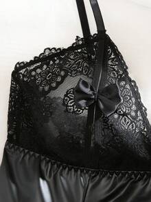 Seduluxe Plus Size Perspective Lace Decor Deep V-Neck Open Back Sexy Faux Leather Bodysuit For Rave - Black - View 4