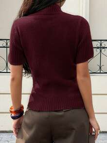 Siren Gaze Women's Solid Color Turtleneck Short Sleeve Wool Knit Top, All Season Christmas Casual Red Valentine's Day Summer - Burgundy - View 2