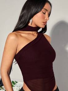 SHEIN BAE Áo cánh nữ thời trang thanh lịch màu trơn không tay viền bất đối xứng có cà vạt, mùa hè - Màu Tím - Xem 6