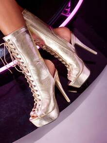 CUCCOO LuxiPop Cizme de damă cu toc înalt și fermoar lateral, cu textură metalică și talpă groasă, la modă, până la jumătatea gambei - Aur - Vizualizare 10