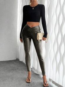 Rafferiza Quần legging tập yoga giữ nhiệt màu trơn cho nữ, quần bó cạp cao dày - Bạc - Xem 6
