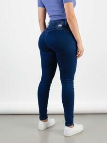Jeans de mezclilla para mujer corte skinny, push up efecto faja resalta la silueta, color azul oscuro - Azul - Ver 3