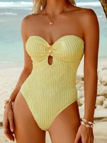 Swim Vcay 女士性感连体泳衣，荷叶边下摆，黄色，时尚可爱，适合海滩派对、度假和约会，春夏款 - 黃色 - 查看 5