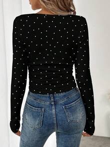 SHEIN LUNE 休闲简约复古优雅通勤百搭保暖黑白波点印花图案，适合秋冬季节，女士圆领褶皱修身长袖T恤打底衫 - 彩色 - 查看 2