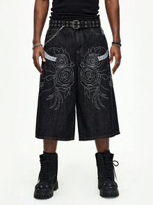 ROMWE MEN Men's Casual Skull Pattern Cropped Denim Jeans - Black - View 9