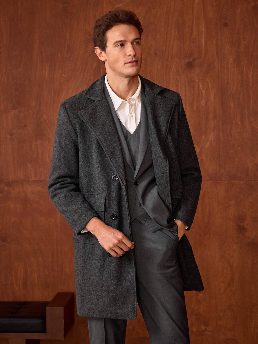 Officeau Men's Turn-Down Collar Mid-Length Jacket, Double-Breasted Trench Coat, For Fall Spring To Summer - Dark Grey - View 1