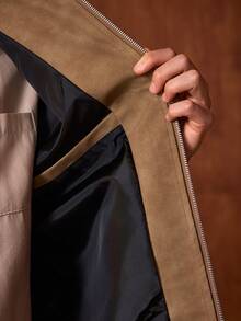 Officeau 一件男士复古做旧全拉链翻领皮夹克，春秋季男士摩托车风格休闲PU皮外套。 - 咖啡棕 - 查看 5