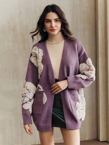 Anewsta 法式复古优雅宽松提花花卉开衫，中长款，秋冬款 - 紫色 - 查看 4
