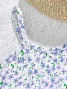 Vintaside Kids Conjunto de 2 peças com Top Casual de Verão com Acabamento em Alface e Nó na Frente e Vestido Camiseta com Estampa Floral Miúda para Meninas Pré-Adolescentes - Púrpura - Visão 4