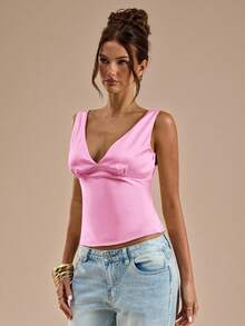 SHEIN BAE Satin Tie Back Tank Top, Suitable For Vacation, Beach , Music Festival , Brunch, Wedding Guest , Bridesmaid , Spring/Summer - Baby Pink - View 4